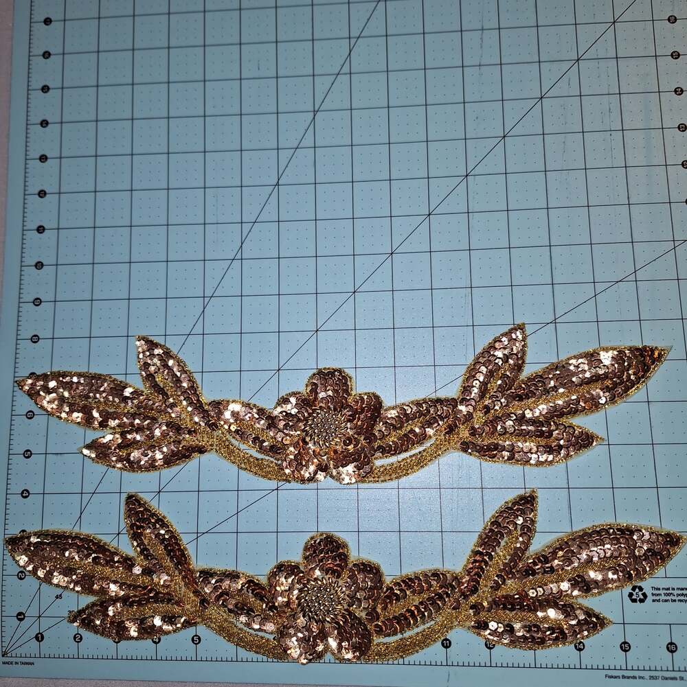Gold sequin and bead flower neckline applique set of 2
